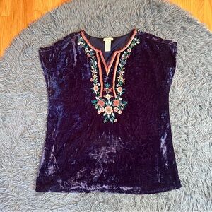 Sundance Navy Crushed Velvet Short Sleeves Embroidered Floral Blouse Size M